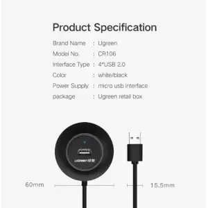 Хаб USB 2.0 -> 4xUSB 2.0 1м passive, Black CR106 Ugreen (20277) UA