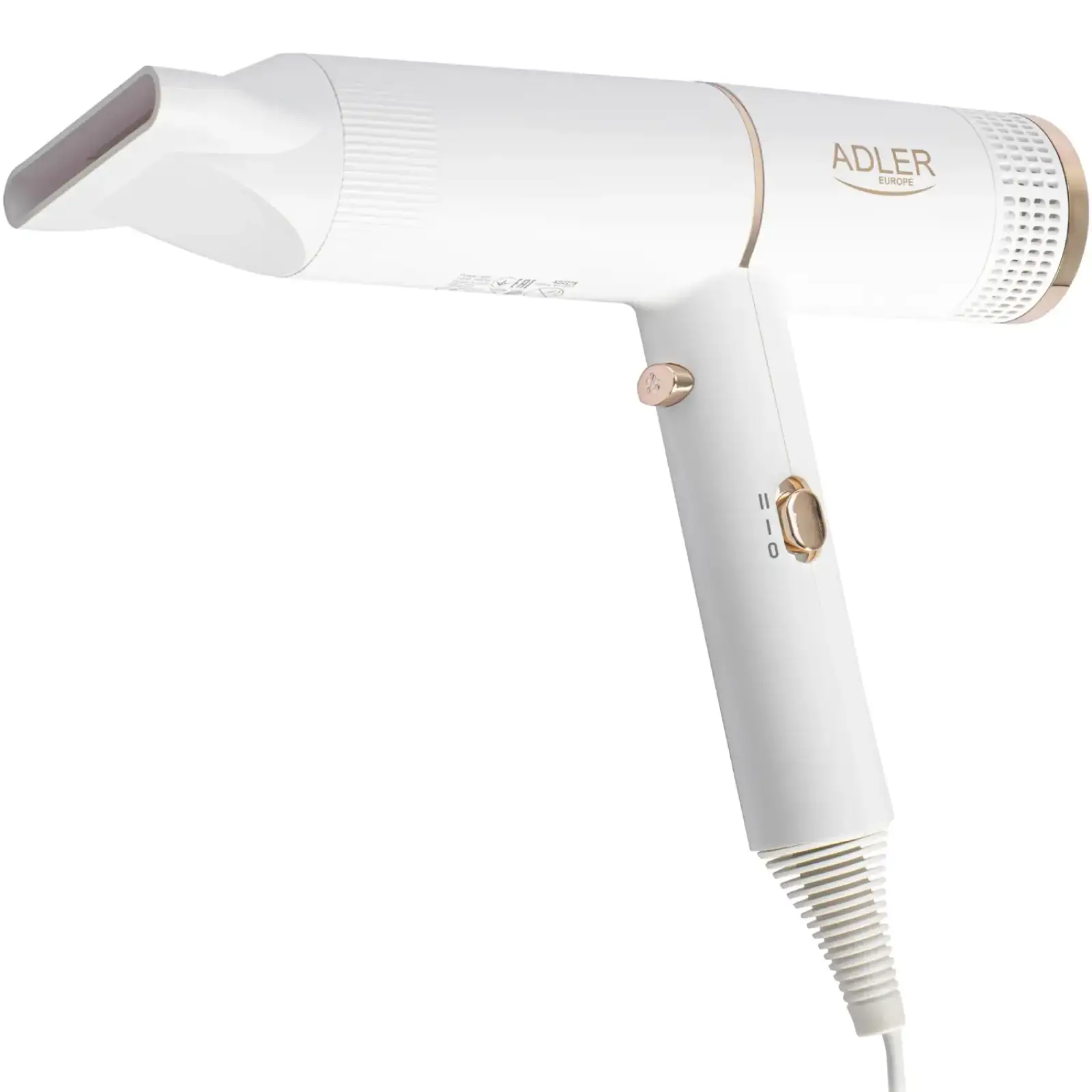 Фен Adler AD 2278 white 1400Вт/ 2 швидкості/ хол.обдув/ темп.режимів-2/іонізація/ насадки - 1 шт. (AD2278W) UA