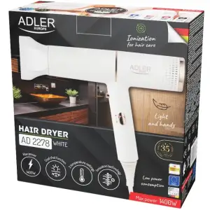 Фен Adler AD 2278 white 1400Вт/ 2 швидкості/ хол.обдув/ темп.режимів-2/іонізація/ насадки - 1 шт. (AD2278W) UA