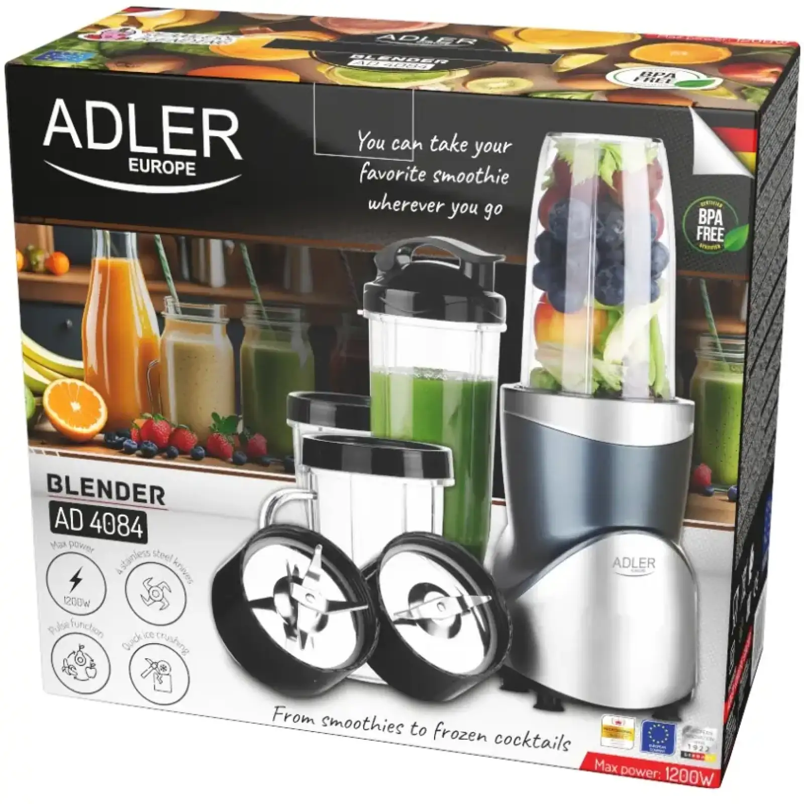 Фітнес-блендер Adler AD 4084 500Вт/ Pulse/ 4 скляні пляшки 700мл, 2x500мл, 300мл (AD4084) UA