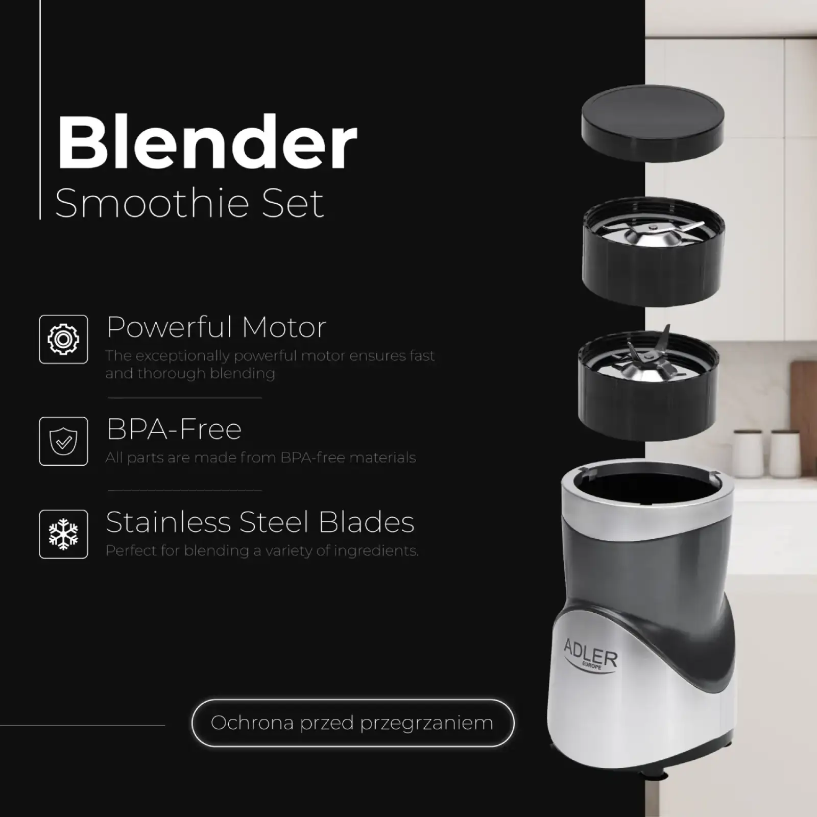 Фітнес-блендер Adler AD 4084 500Вт/ Pulse/ 4 скляні пляшки 700мл, 2x500мл, 300мл (AD4084) UA