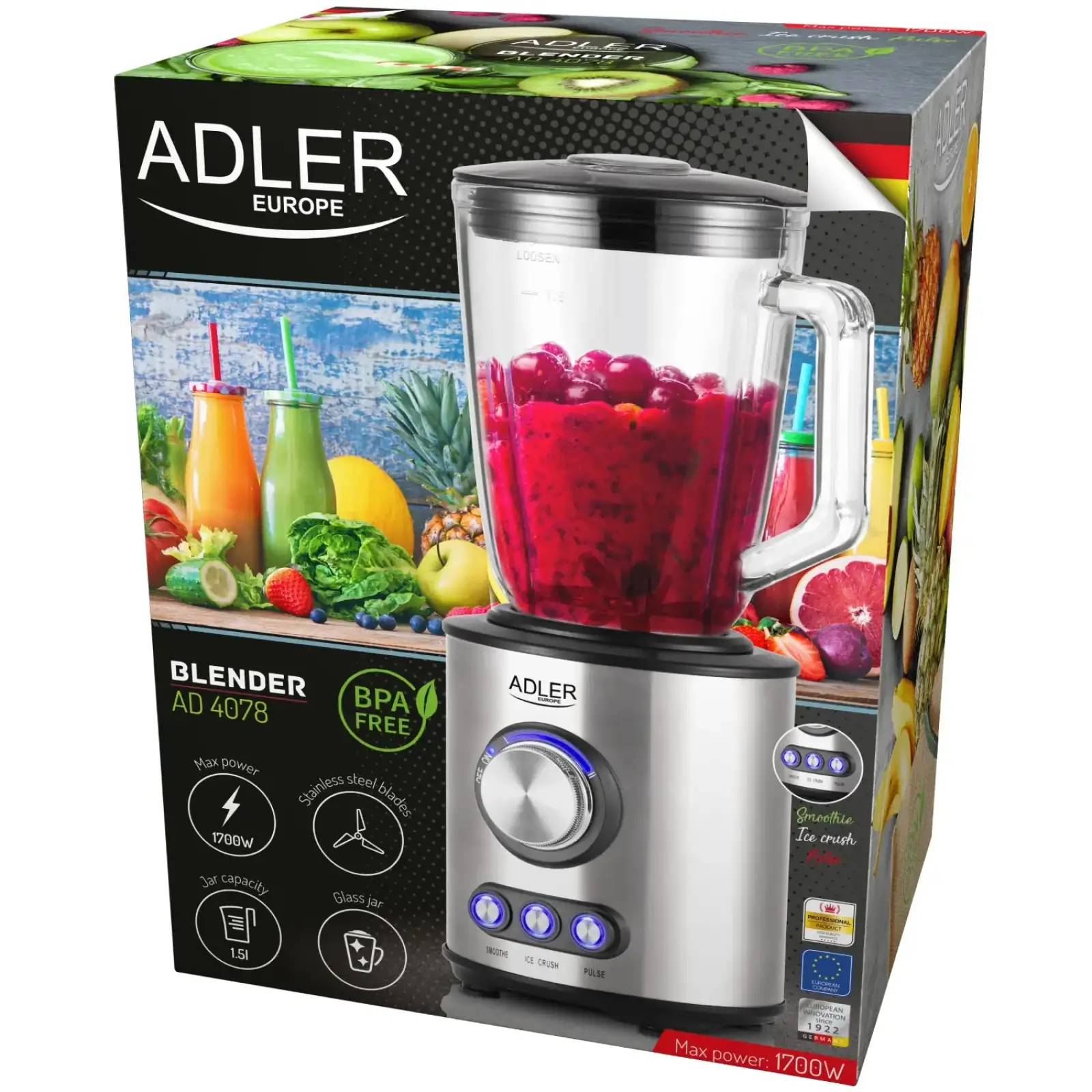 Блендер Adler AD 4078 стаціонарний 1700Вт/ 2 швидк./ Ice Crush/ чаша для змішування 1500мл/ срібляст (AD4078) UA