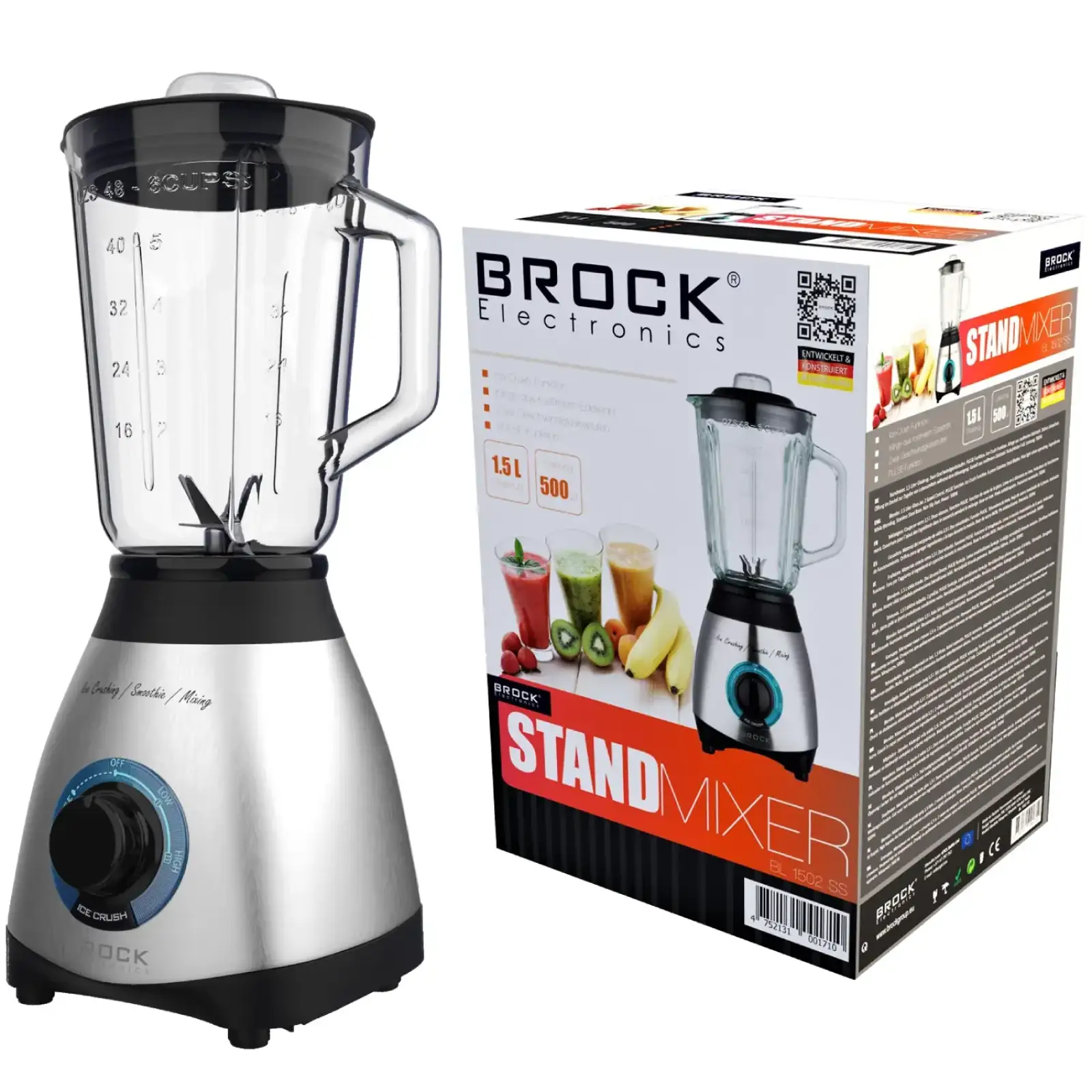Блендер BROCK BL 1502 SS стаціонарний 500Вт/ скляна чаша 1,5л/ PULSE/ 2 швидк./дроблення льоду/метал UA