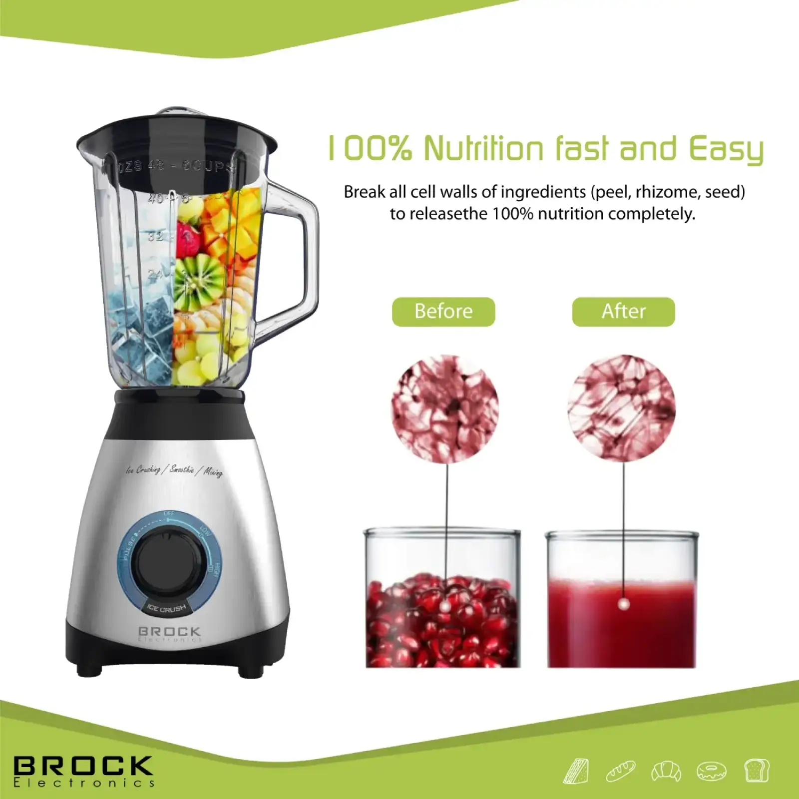 Блендер BROCK BL 1502 SS стаціонарний 500Вт/ скляна чаша 1,5л/ PULSE/ 2 швидк./дроблення льоду/метал UA