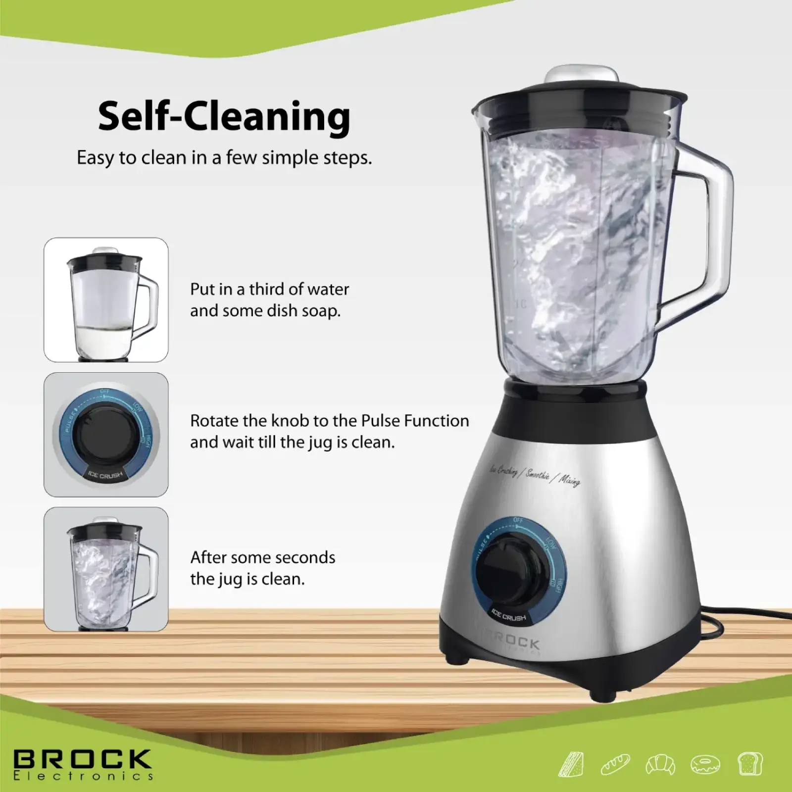 Блендер BROCK BL 1502 SS стаціонарний 500Вт/ скляна чаша 1,5л/ PULSE/ 2 швидк./дроблення льоду/метал UA
