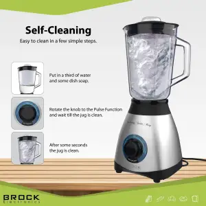 Блендер BROCK BL 1502 SS стаціонарний 500Вт/ скляна чаша 1,5л/ PULSE/ 2 швидк./дроблення льоду/метал UA