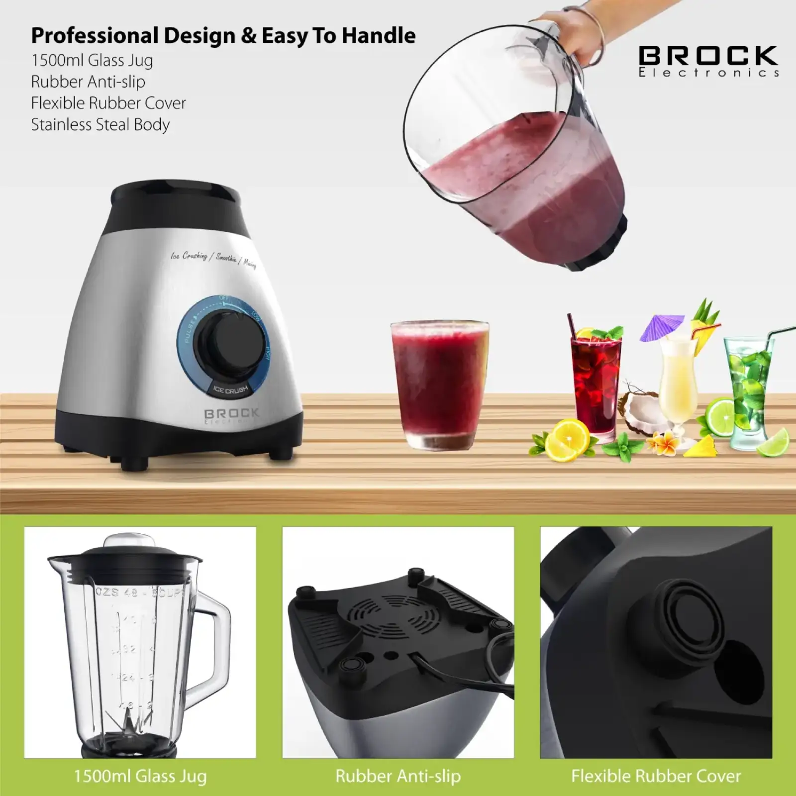 Блендер BROCK BL 1502 SS стаціонарний 500Вт/ скляна чаша 1,5л/ PULSE/ 2 швидк./дроблення льоду/метал UA