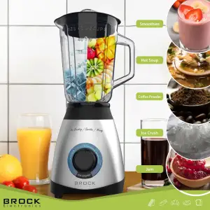Блендер BROCK BL 1502 SS стаціонарний 500Вт/ скляна чаша 1,5л/ PULSE/ 2 швидк./дроблення льоду/метал UA