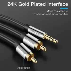 Кабель AUX Audio TRS - RCAx2 M/M 5.0м, PVC, Aluminum alloy, Gold-Plated, чорний, Vention (BCFBJ) UA