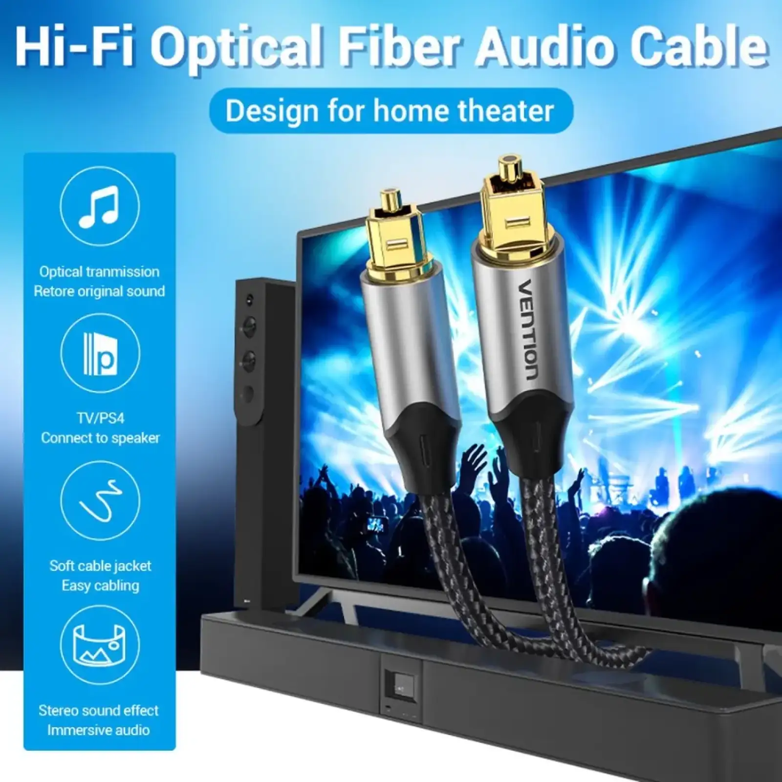 Кабель Audio оптичний Toslink M/M - S/PDIF, 3м, Dolby Digital 5.1, обплетення, сірий Vention (BAVHI) UA