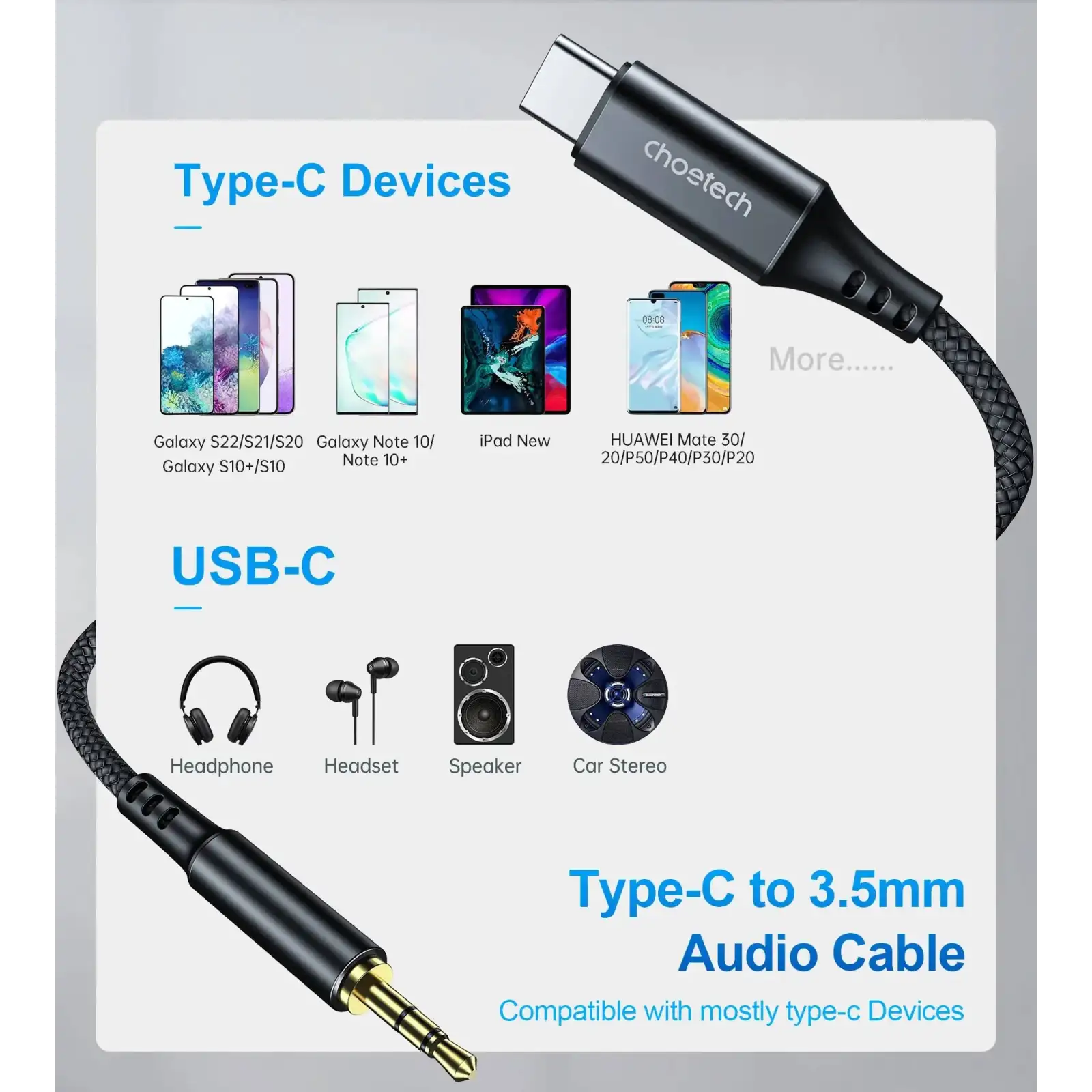 Кабель AUX Type-C - TRS Audio M/M 1.0 м DAC Chip 96kHz, чорний Choetech (AUX006) UA