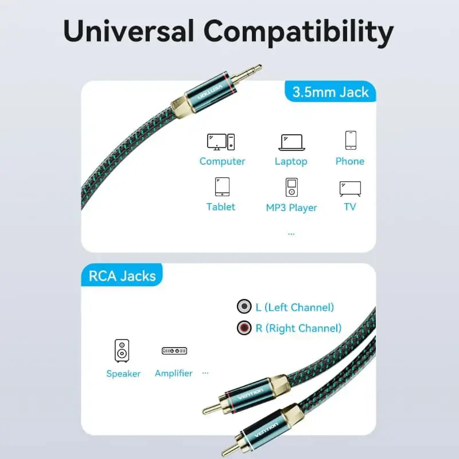 Кабель AUX Audio HiFi TRS 3.5мм - RCAx2 M/M 2.0м, OFC Silver, Cotton braided, зелений, Vention (BCSGH) UA