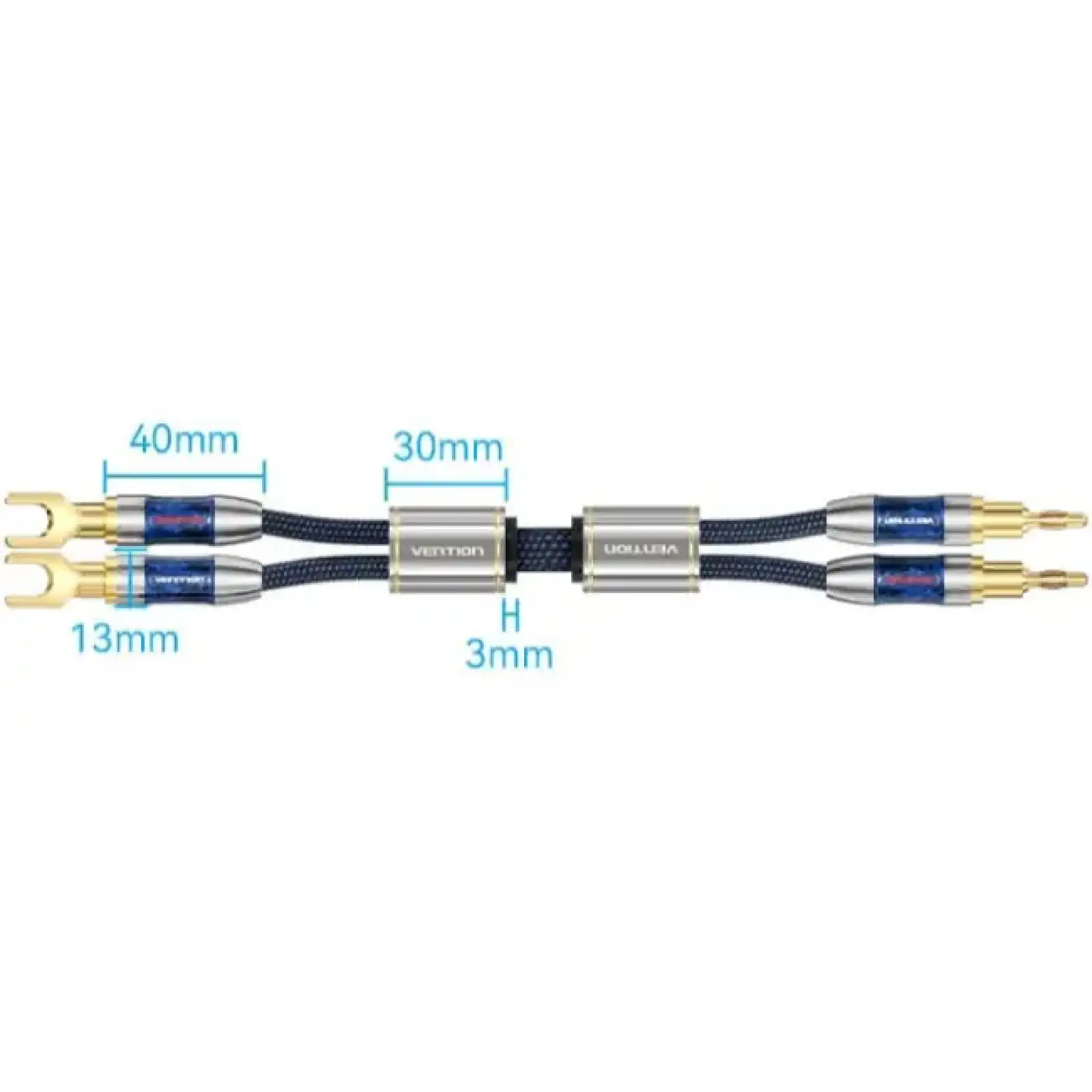 Кабель HiFi Audio Speaker Cable 2.0м,Banana-Spade 2xM/M,4N OFC Silver, Gold-Plated,TPE + обплетення,Vention (BLCLH) UA
