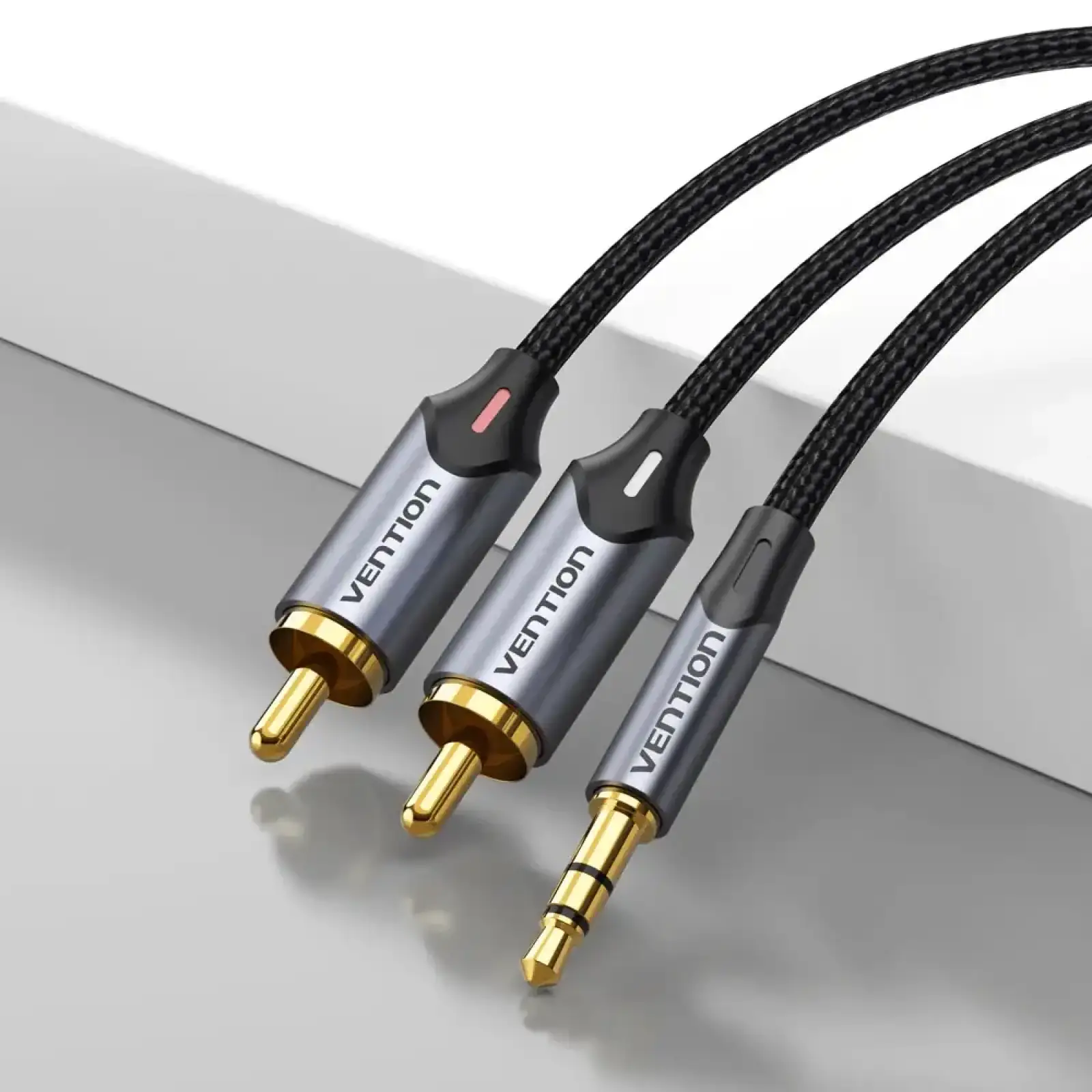 Кабель AUX Audio TRS - RCAx2 M/M 1.5 м, Gold-Plated, Aluminum alloy, чорний, Vention (BCNBG) UA