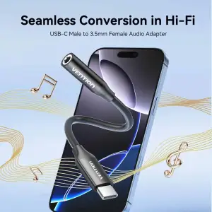Перехідник USB-C --> аудіо Jack 3.5мм, Aluminum Alloy, чорний Vention (BIIBA) UA