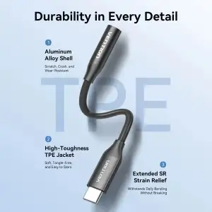 Перехідник USB-C --> аудіо Jack 3.5мм, Aluminum Alloy, чорний Vention (BIIBA) UA