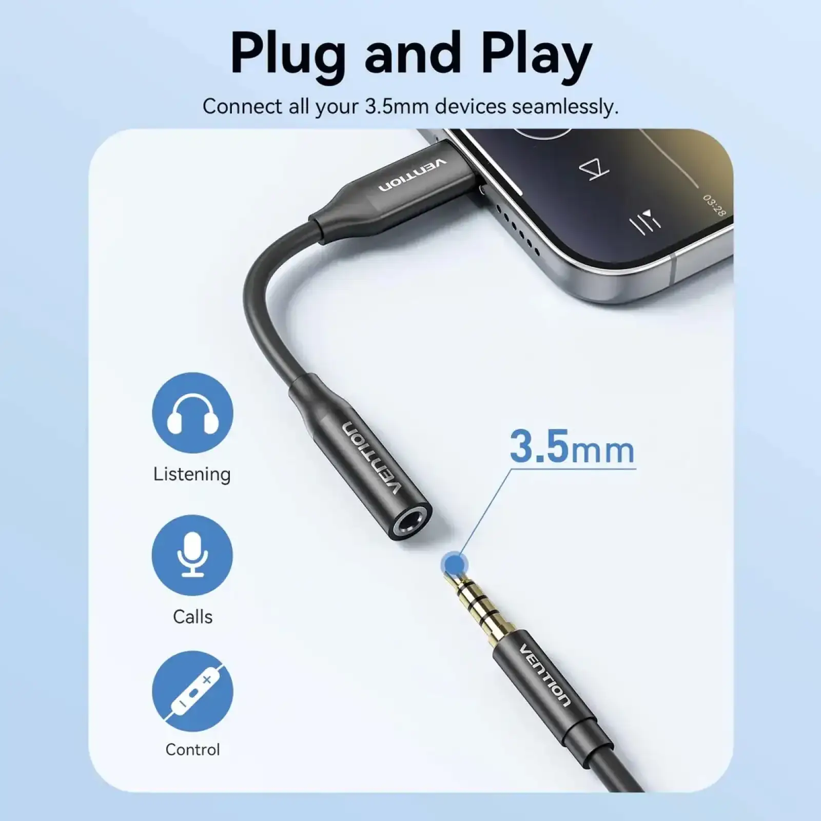 Перехідник USB-C --> аудіо Jack 3.5мм, Aluminum Alloy, чорний Vention (BIIBA) UA
