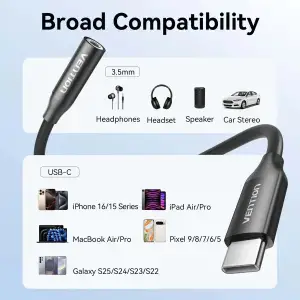 Перехідник USB-C --> аудіо Jack 3.5мм, Aluminum Alloy, чорний Vention (BIIBA) UA