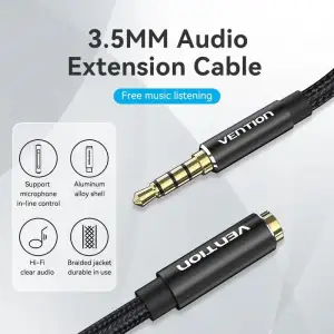 Кабель AUX Audio TRS M/F 5.0м Gold-Plated, нейлонове обплетення, чорний Vention (BHCBJ) UA