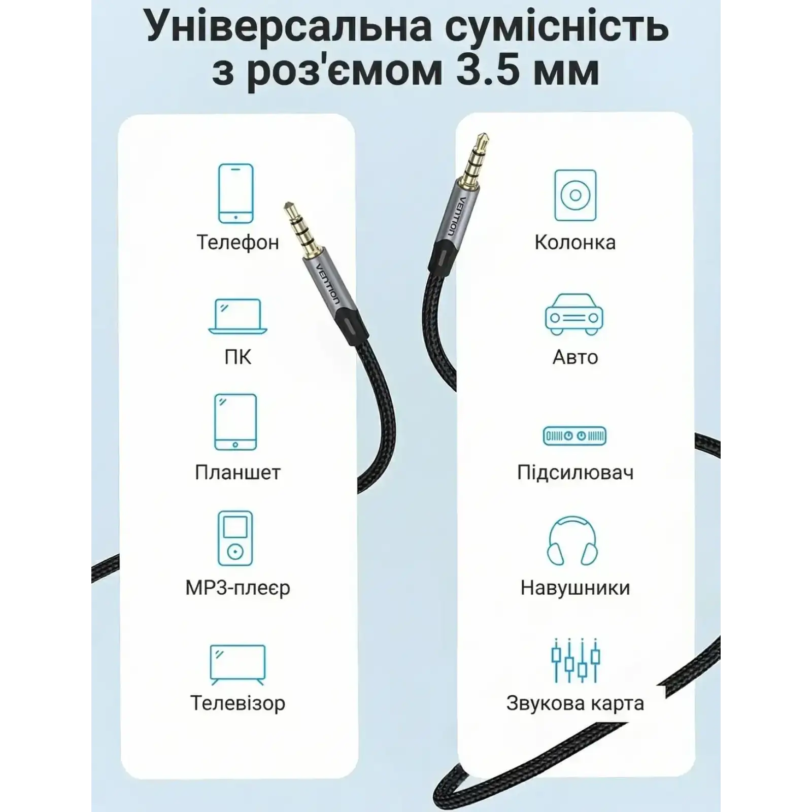 Кабель AUX Audio TRS M/M, 0.5м, сірий, обплетення, Vention (BAQHD) UA