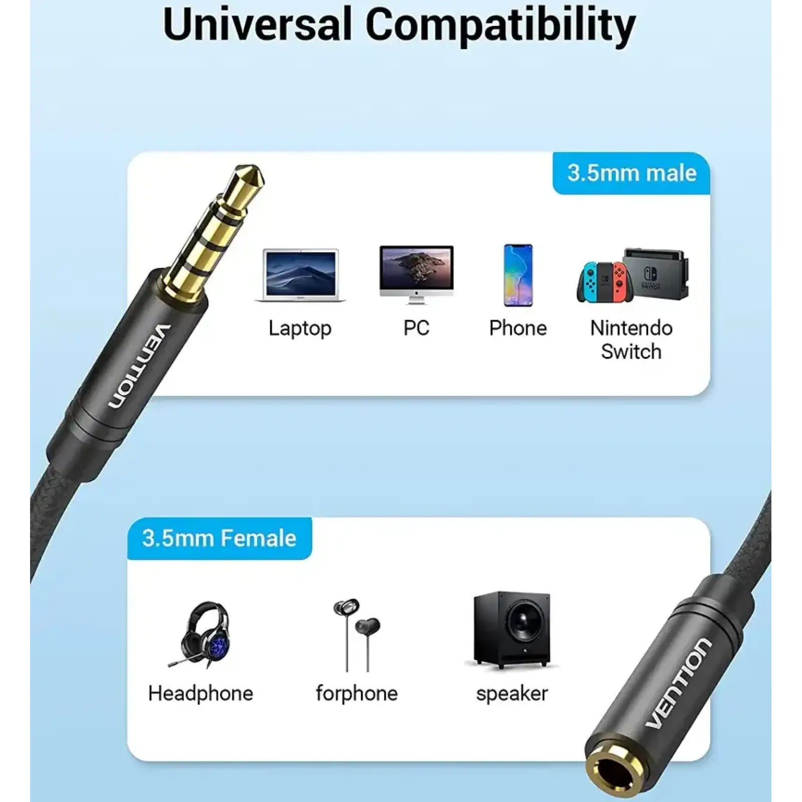 Кабель AUX Audio TRS M/F 5.0м Gold-Plated, нейлонове обплетення, чорний Vention (BHBBJ) UA