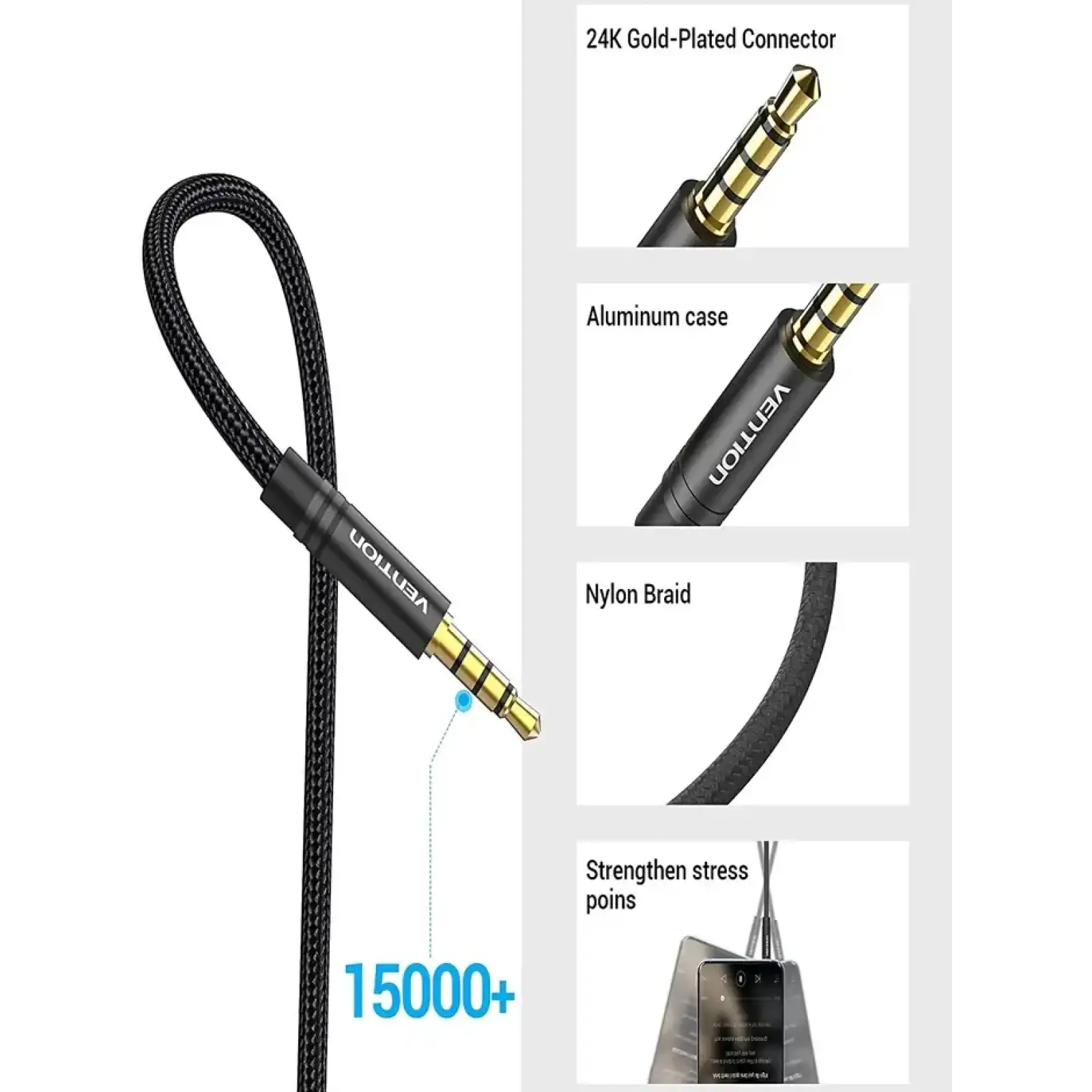 Кабель AUX Audio TRS M/F 5.0м Gold-Plated, нейлонове обплетення, чорний Vention (BHBBJ) UA