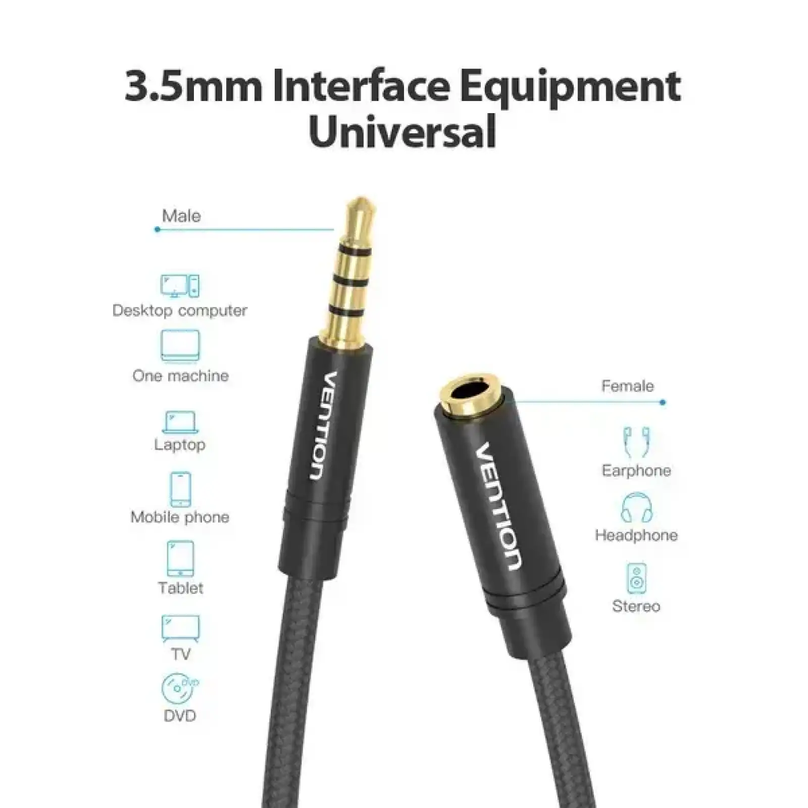 Кабель AUX Audio TRS M/F 5.0м Gold-Plated, нейлонове обплетення, чорний Vention (BHBBJ) UA