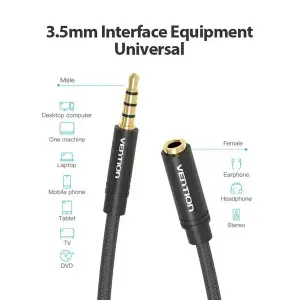 Кабель AUX Audio TRS M/F 5.0м Gold-Plated, нейлонове обплетення, чорний Vention (BHBBJ) UA