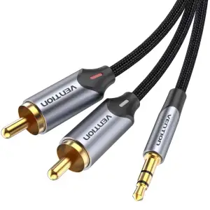 Кабель AUX Audio TRS - RCAx2 M/M 3.0м, Gold-Plated, Aluminum alloy, чорний, Vention (BCNBI) UA