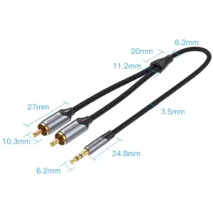 Кабель AUX Audio TRS - RCAx2 M/M 3.0м, Gold-Plated, Aluminum alloy, чорний, Vention (BCNBI) UA