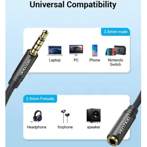 Кабель AUX Audio TRS M/F 1.0м Gold-Plated, нейлонове обплетення, чорний, Vention (BHBBF) UA