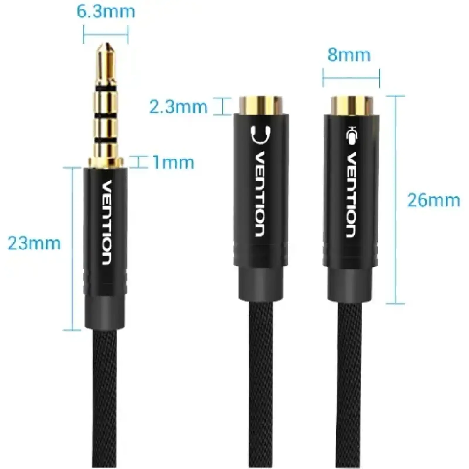 Перехідник Audio Jack TRS M -> 2xF, 1.0м, Cotton braided, чорний, Vention (BBMBY) UA