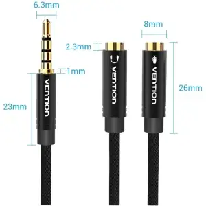 Перехідник Audio Jack TRS M -> 2xF, 1.0м, Cotton braided, чорний, Vention (BBMBY) UA