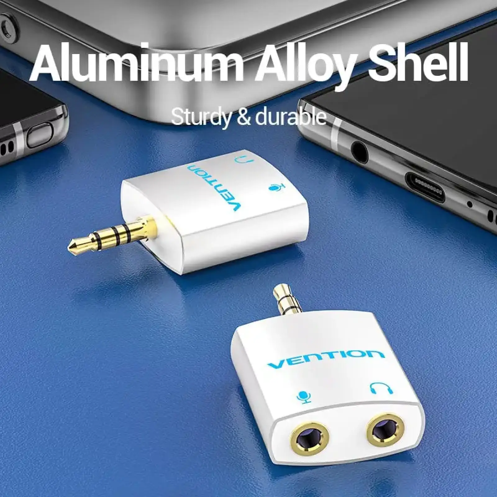 Перехідник аудіо Jack 3.5mm TRRS M -> 2x3.5мм F(мікрофон + навушники), Aluminum, срібний, Vention (BDBW0) UA