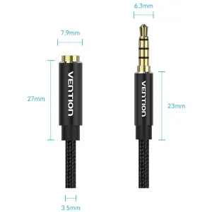 Кабель AUX Audio TRS M/F 1.5м Gold-Plated, нейлонове обплетення, чорний Vention (BHCBG) UA