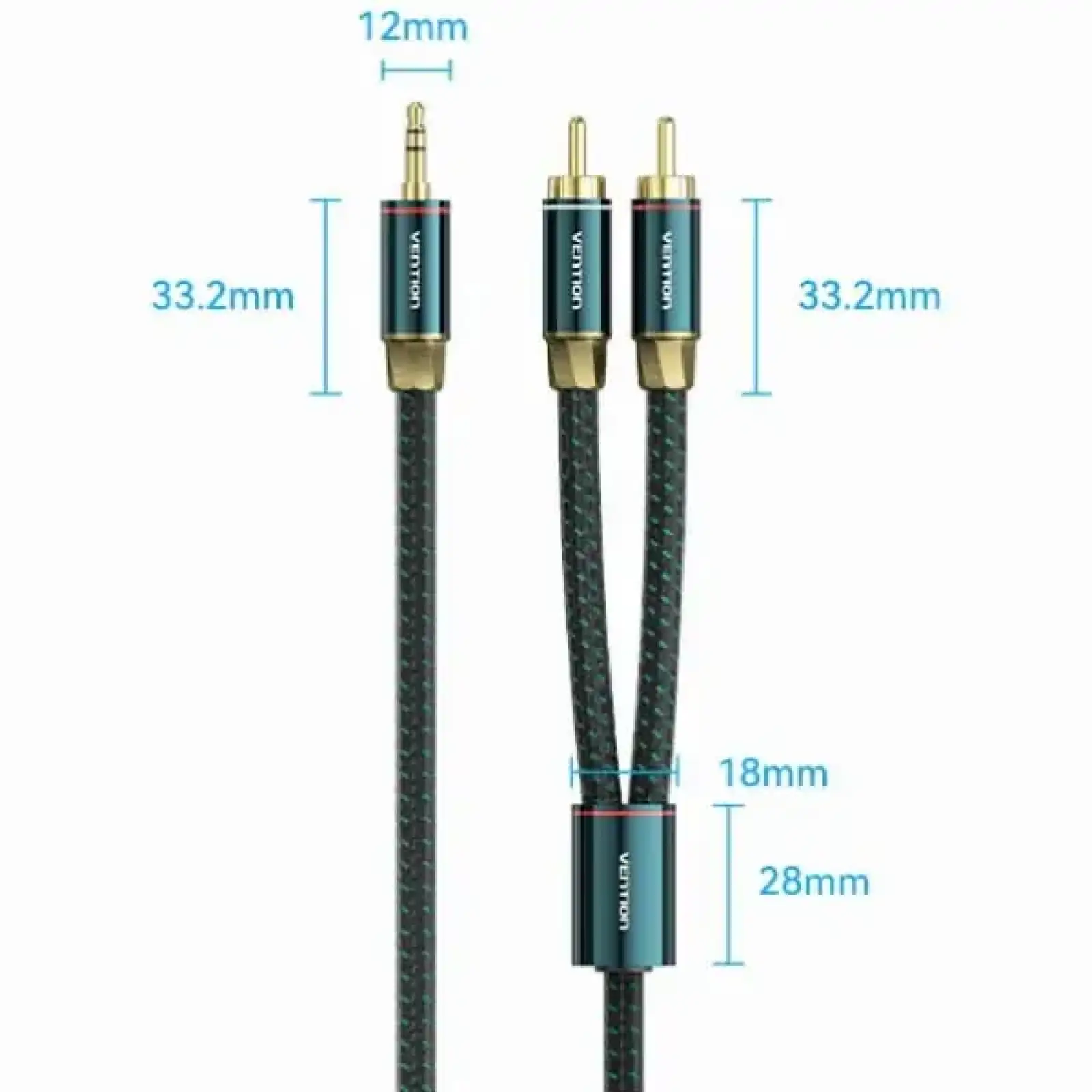 Кабель AUX Audio HiFi TRS 3.5мм - RCAx2 M/M 1.0м, OFC Silver, Cotton braided, зелений, Vention (BCSGF) UA