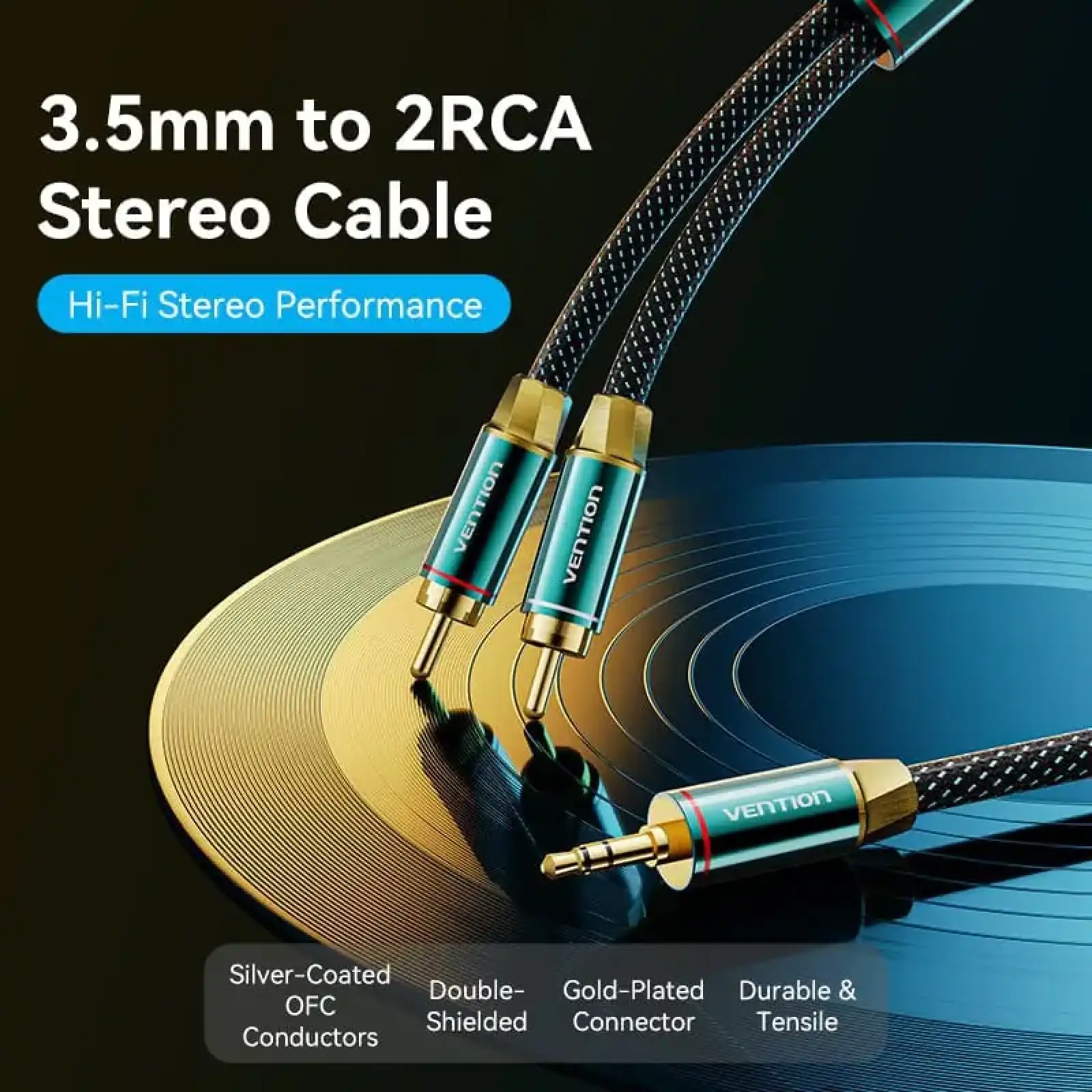 Кабель AUX Audio HiFi TRS 3.5мм - RCAx2 M/M 1.0м, OFC Silver, Cotton braided, зелений, Vention (BCSGF) UA