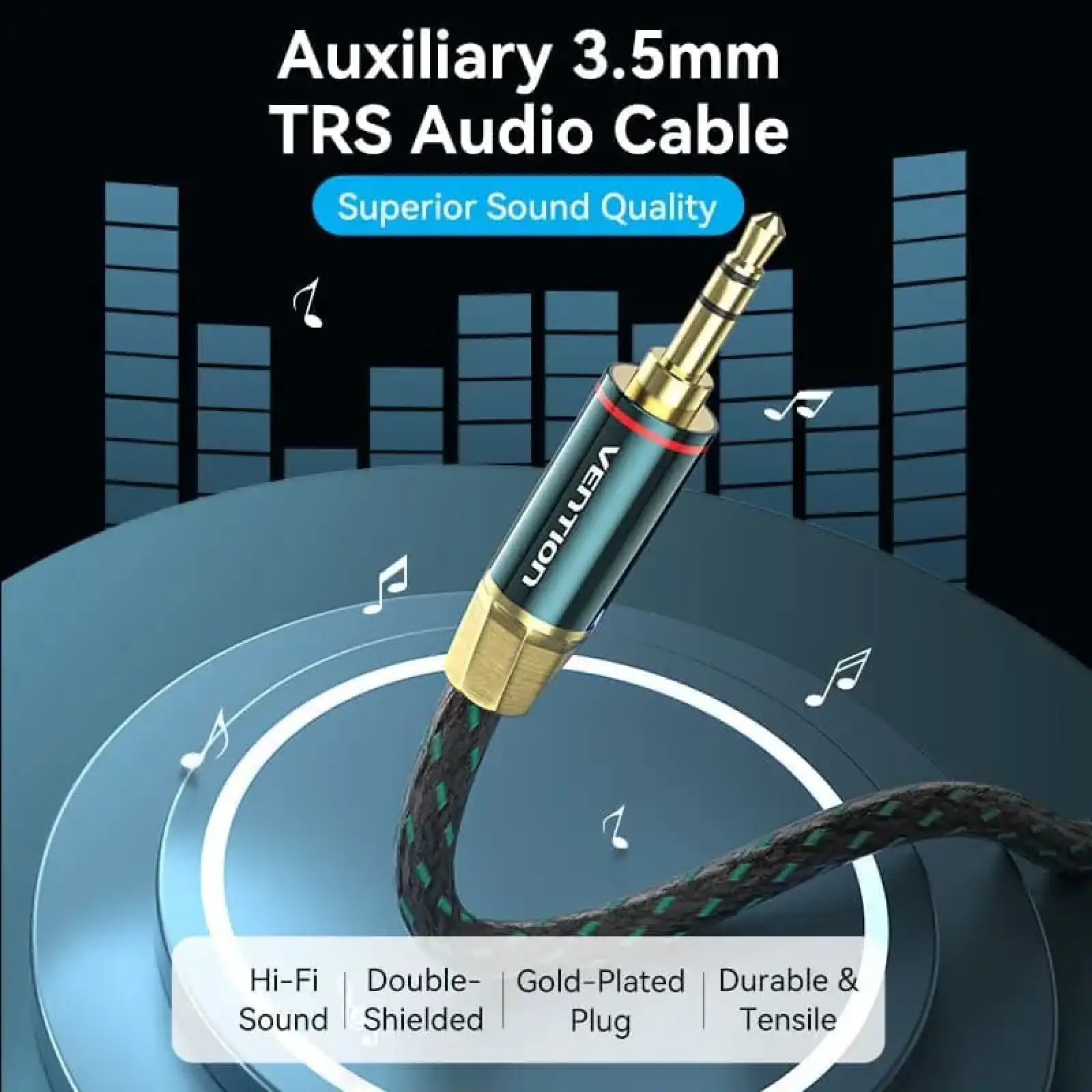 Кабель AUX Audio TRS M/M, 1.5м, Silver-plated, Zinc alloy, обплетення, зелений, Vention (BAYGG) UA