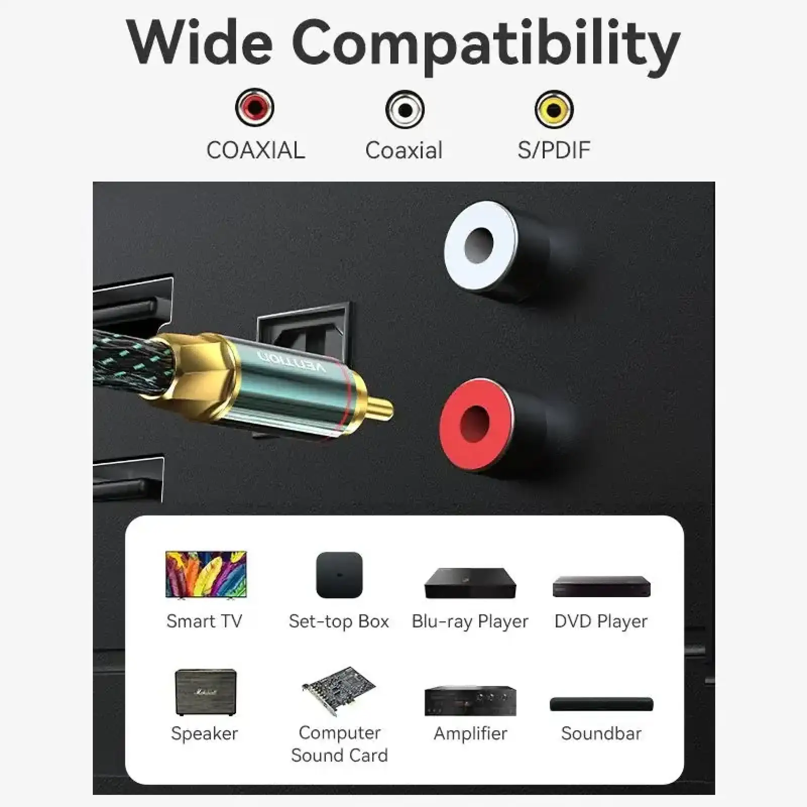 Кабель AUX coaxial HiFi RCA M/M 1.0м OFC Silver, Zinc alloy, зелений, Vention (BCTGF) UA