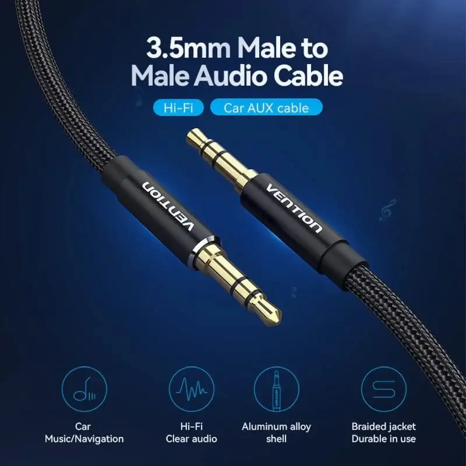 Кабель AUX Audio TRS M/M, 1.5м, чорний, обплетення, Vention (BAWBG) UA