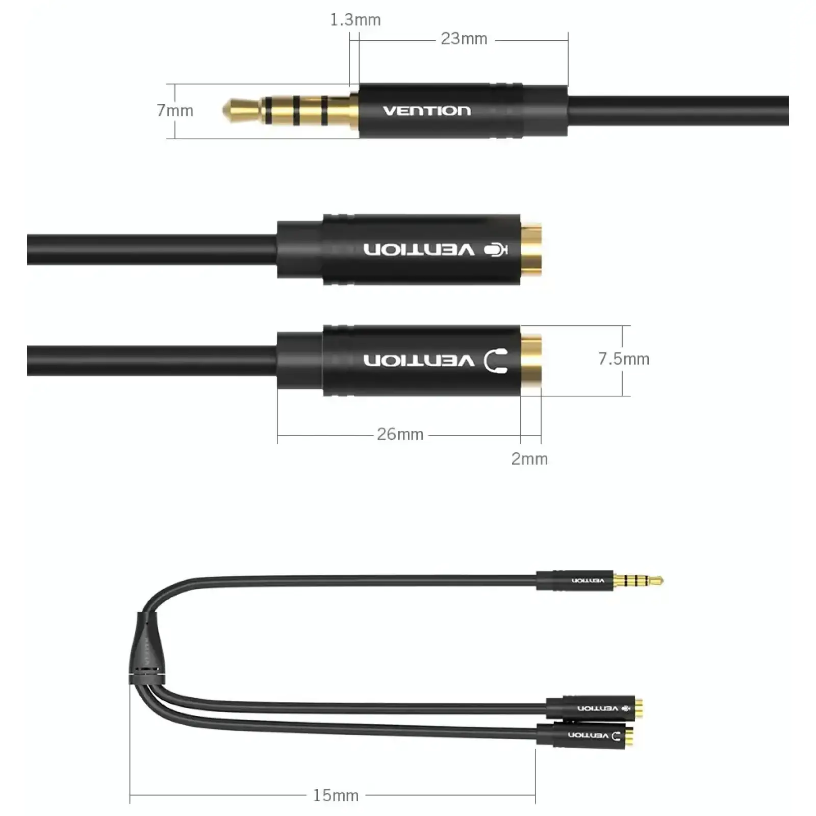 Перехідник аудіо Jack 3.5mm TRRS M -> 2X 3.5mm F (мікрофон + навушники) чорний Vention (BBVBY) UA