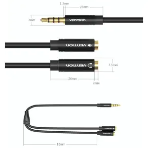 Перехідник аудіо Jack 3.5mm TRRS M -> 2X 3.5mm F (мікрофон + навушники) чорний Vention (BBVBY) UA