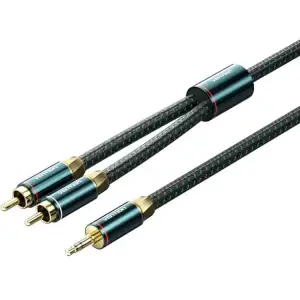 Кабель AUX Audio HiFi TRS 3.5мм - RCAx2 M/M 1.5м, OFC Silver, Cotton braided, зелений, Ventio (BCSGG) UA