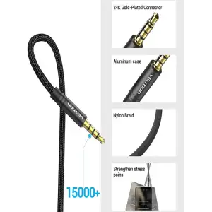 Кабель AUX Audio TRS M/F 2.0м Gold-Plated, нейлонове обплетення, чорний Vention (BHBBH) UA