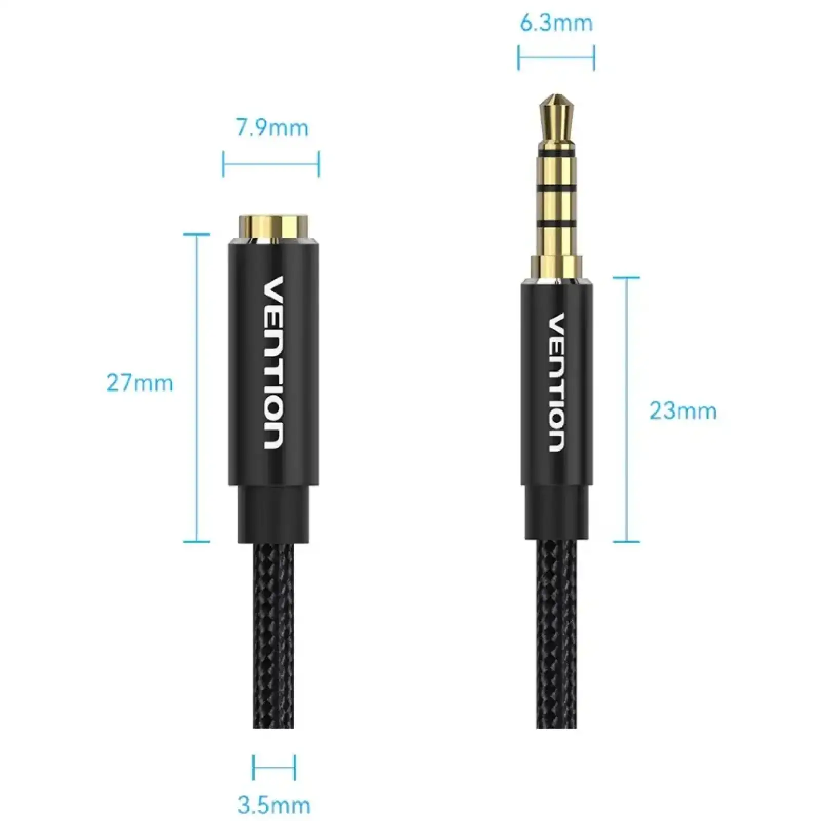 Кабель AUX Audio TRS M/F 3.0м Gold-Plated, нейлонове обплетення, чорний Vention (BHCBI) UA