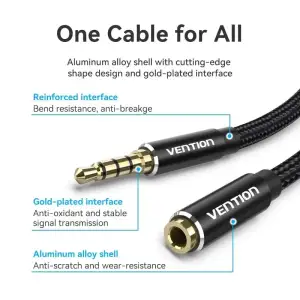 Кабель AUX Audio TRS M/F 3.0м Gold-Plated, нейлонове обплетення, чорний Vention (BHCBI) UA