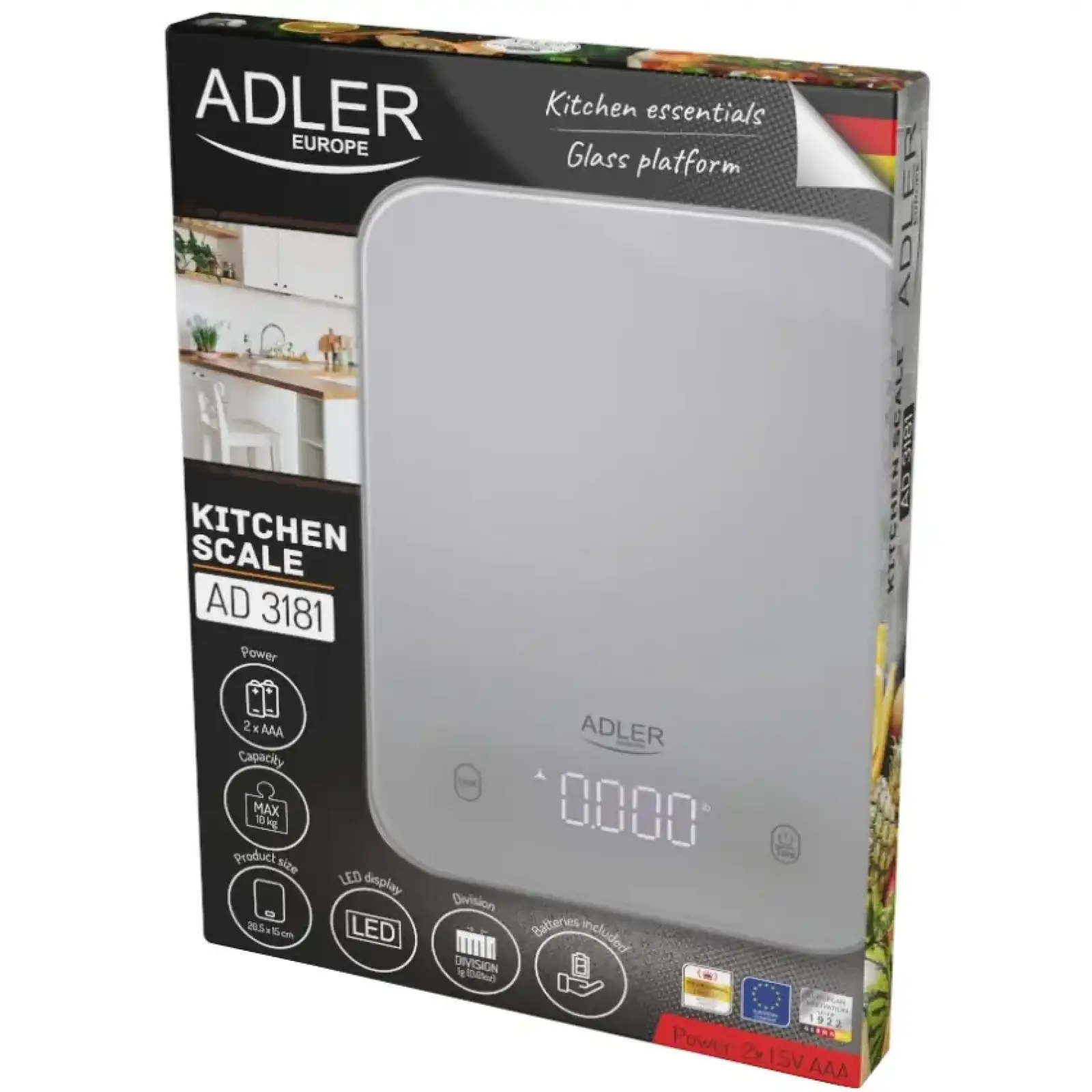 Ваги кухонні Adler AD 3181 grey електронні/ 10кг/ г; кг, фунт/ 2хААА/ автовимкнення/ скло (AD3181G) UA