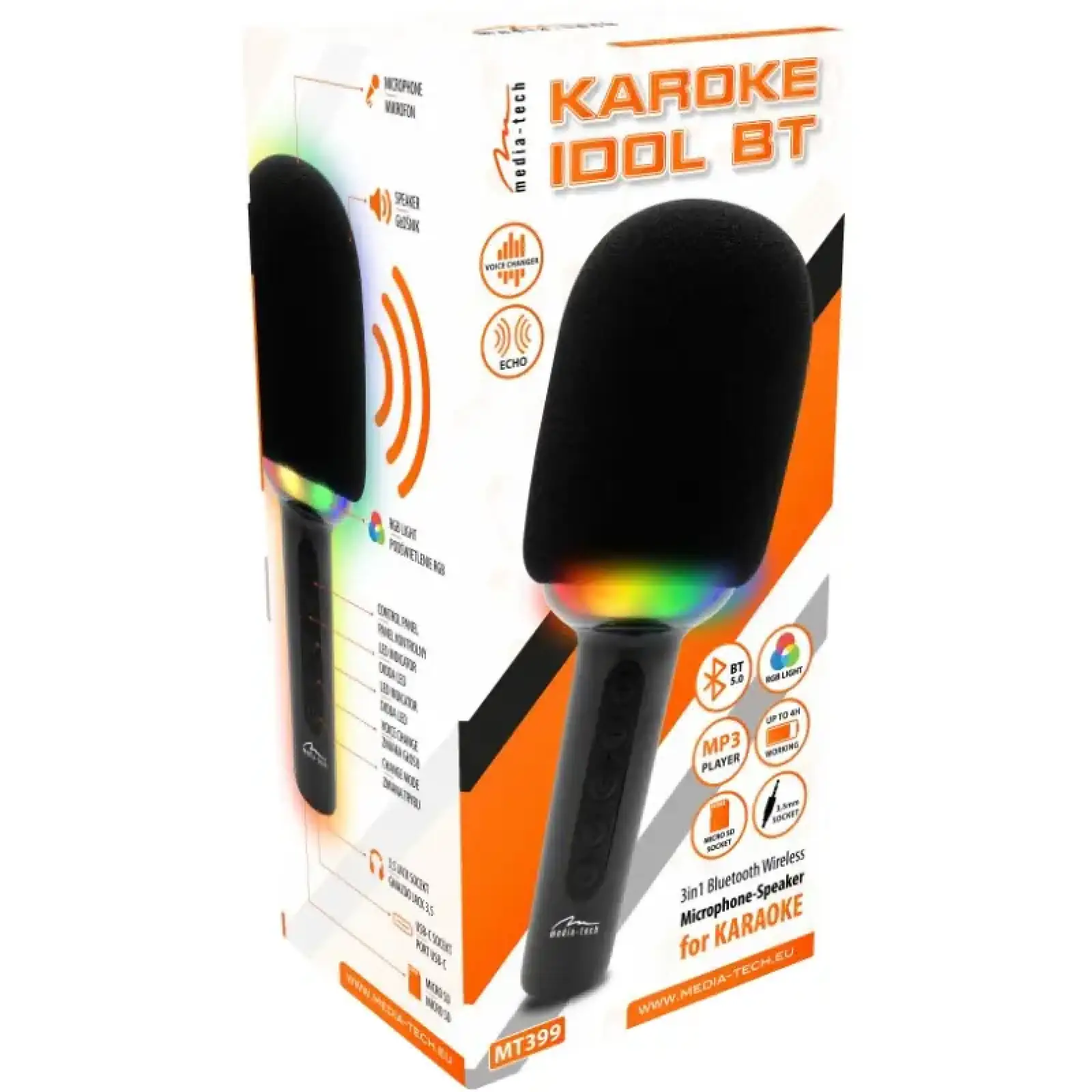 Мiкрофон Media-Tech Karaoke IDOL, Wireless, Bluetooth колонка, RGB, чорний (MT399) UA