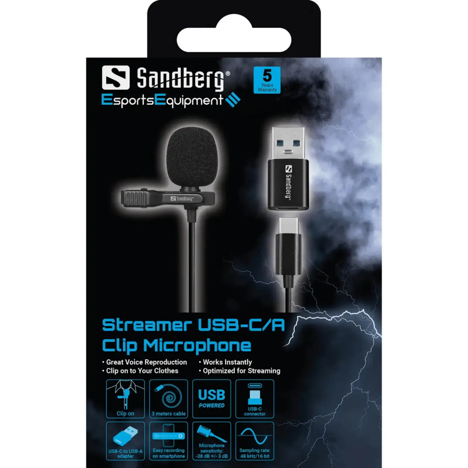 Мікрофон петличний Sandberg Streamer USB Clip USB-A/USB-C, провідний, кабель 3м, чорний (126-40) UA