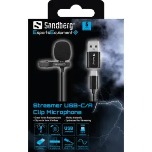 Мікрофон петличний Sandberg Streamer USB Clip USB-A/USB-C, провідний, кабель 3м, чорний (126-40) UA